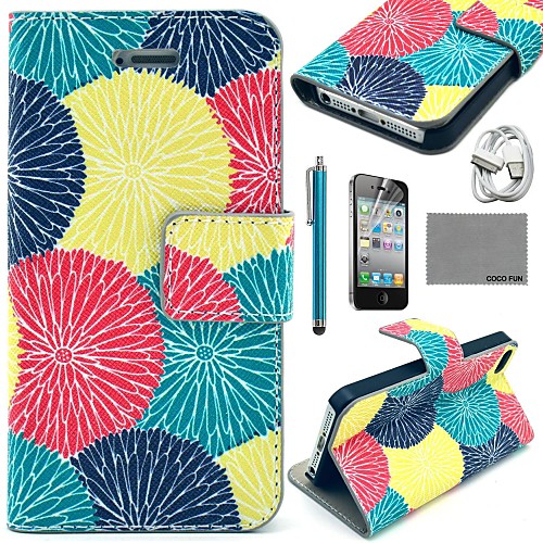 COCO FUN Painting Circle Floral Pattern PU Leather Case with Screen Protector and USB Cable and Stylus for iPhone 4/4S