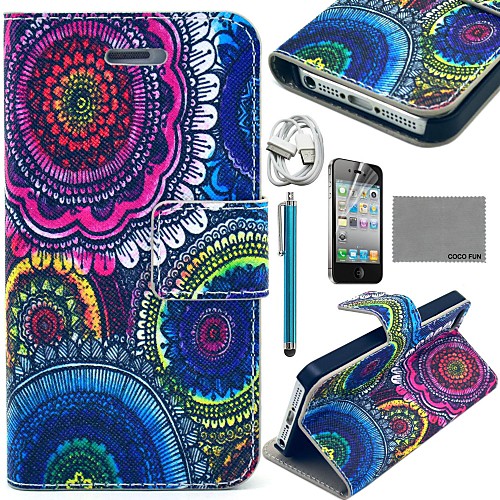 COCO FUN Floral Tribal Pattern PU Leather Case with Screen Protector and USB Cable and Stylus for iPhone 4/4S