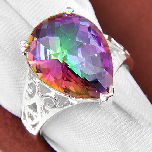 Classic Drop Shaped Rainbow Mystic Topaz Gemstone Silver Ring 2Pcs