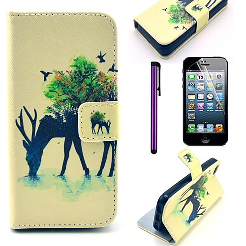 Reindeer and Bird Pattern PU Leather Case with Screen Protector and Stylus for iPhone 5/5S