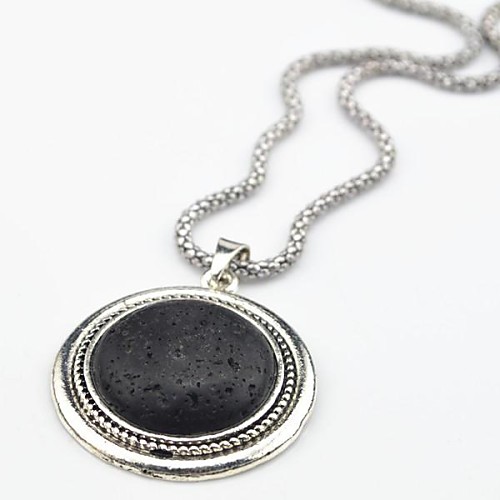 Toonykelly Vintage Look Antique Silver Black Lava Rock Volcano Round Stone Necklace(1 Pc)