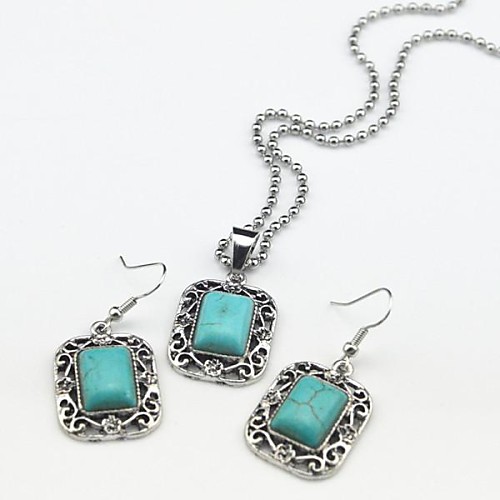 Toonykelly Vintage Antique Silver Hollow Turquoise Stone(Earring and Necklace) Jewelry Set