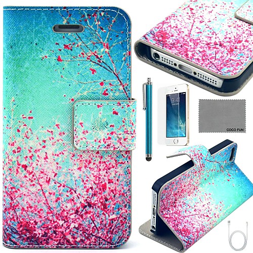 COCO FUN Sky Red Floral Pattern PU Leather Case with Screen Protector and USB Cable and Stylus for iPhone 5/5S