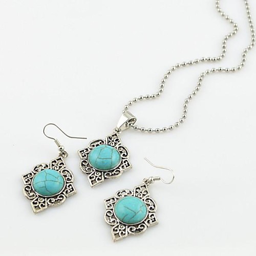 Toonykelly Vintage Antique Silver Turquoise Stone(Earring and Necklace) Jewelry Set