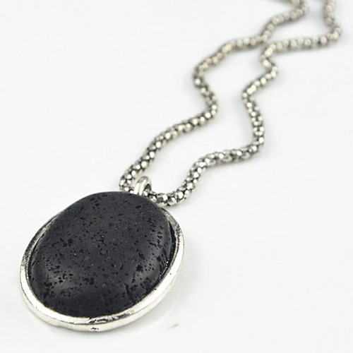 Toonykelly Vintage Look Antique Silver Black Lava Rock Volcano Oval Stone Necklace(1 Pc)