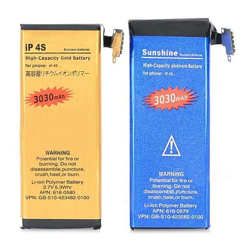 Высокая емкость 3.7v 3030mah аккумулятор для iPhone 4s (2 шт) (1 синий  1 золотой)