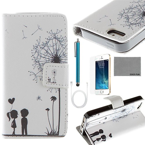 COCO FUN Love Dandelion Pattern PU Leather Case with Screen Protector and USB Cable and Stylus for iPhone 5/5S