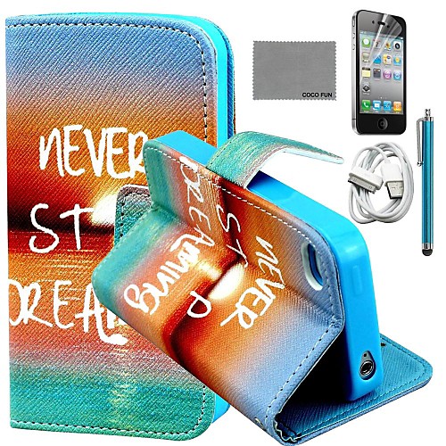 COCO FUN Sea Sunrise Pattern PU Leather Case with Screen Protector and USB Cable and Stylus for iPhone 4/4S