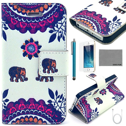 COCO FUN Two Elephants Pattern PU Leather Case with Screen Protector and USB Cable and Stylus for iPhone 5/5S