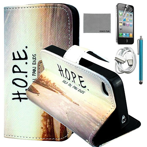 COCO FUN Horizontal Sunset Pattern PU Leather Case with Screen Protector and USB Cable and Stylus for iPhone 4/4S