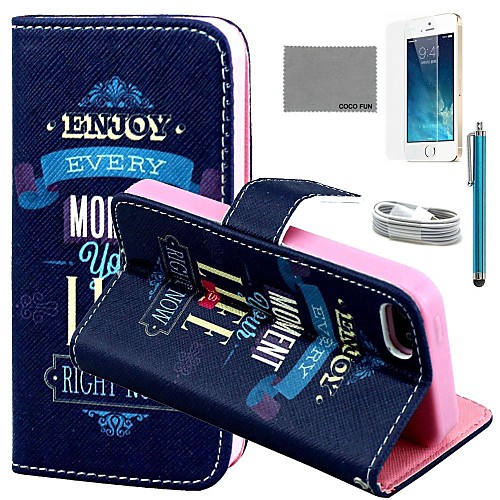 COCO FUN Black Blue Ribbon Pattern PU Leather Case with Screen Protector and USB Cable and Stylus for iPhone 5/5S