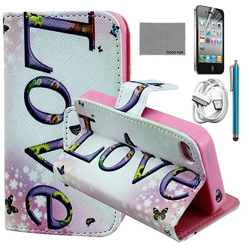 COCO FUN Horizontal Love Pattern PU Leather Case with Screen Protector and USB Cable and Stylus for iPhone 4/4S