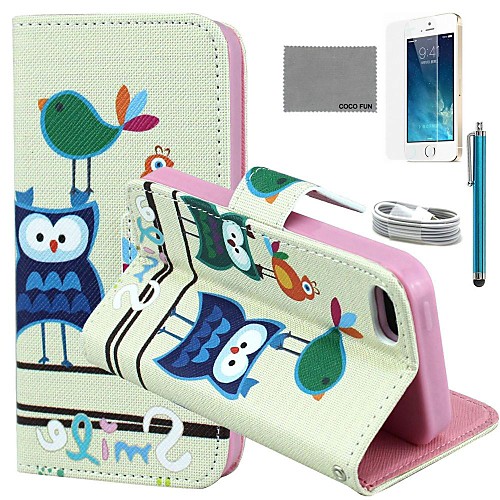 COCO FUN Bird Owl Pattern PU Leather Case with Screen Protector and USB Cable and Stylus for iPhone 5/5S