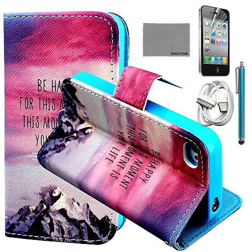 COCO FUN Hill Sunset Pattern PU Leather Case with Screen Protector and USB Cable and Stylus for iPhone 4/4S