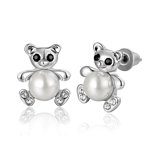 Fashion Lovely Bear White Platinum-Plated Stud Earrings (White)(1Pair)