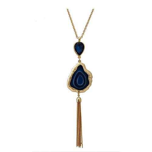 мода старинные женщин позолоченные Blue Magic оникс смола подвеска кисточкой длинное ожерелье ювелирных изделий