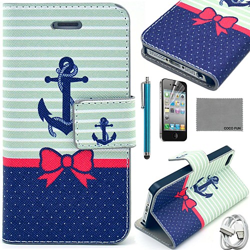 COCO FUN Butterfly Boat Pattern PU Leather Case with Screen Protector and USB Cable and Stylus for iPhone 4/4S