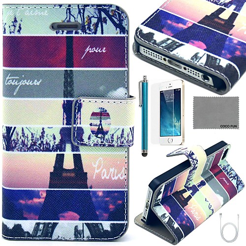 COCO FUN Eiffel Tower Map Pattern PU Leather Case with Screen Protector and USB Cable and Stylus for iPhone 5/5S