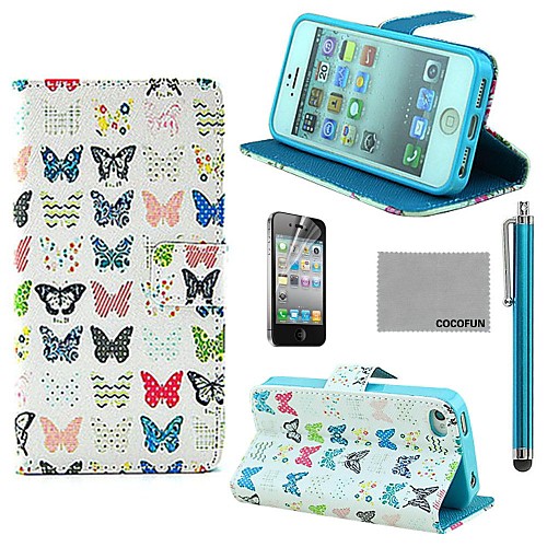 COCO FUN Colorful Butterfly Pattern PU Leather Case with Screen Protector and Stylus for iPhone 4/4S