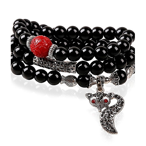 Women's Fashion Fox  Multiturn Buddha Beads Black Crystal Agate Bracelet