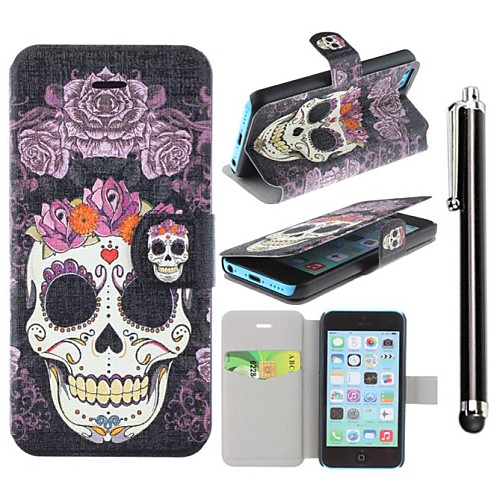 Roses Skulls Pattern PU Leather Full Body Case with Stand and A Stylus Touch Pen for iPhone 5/5S/5C