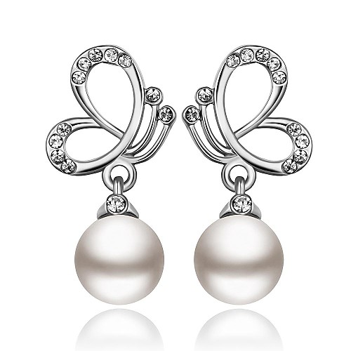 Classics Butterfly and Pearl-Drop White Platinum-Plated Drop Earrings(White)(1Pair)