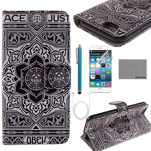 COCO FUN Grey Stars Pattern PU Leather Case with Screen Protector and USB Cable and Stylus for iPhone 6 Plus