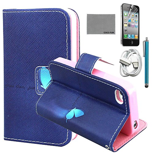 COCO FUN Blue Butterfly Pattern PU Leather Case with Screen Protector and USB Cable and Stylus for iPhone 4/4S