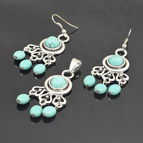 Toonykelly Vintage Antique Silver Plated Oval Turquoise Stone(Earring and Necklace) Jewelry Set