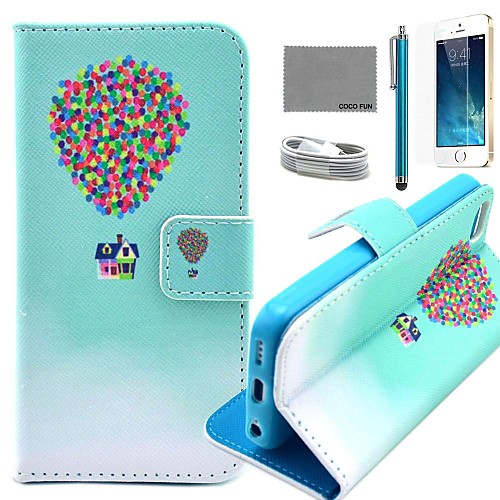 COCO FUN Balloon Travel Pattern PU Leather Case with Screen Protector and USB Cable and Stylus for iPhone 5/5S