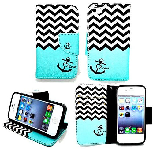 KARZEA™Wave Anchor PU Leather TPU Back Painting Card Holder Wallet Case with Oval Buckle for iPhone 4/4S