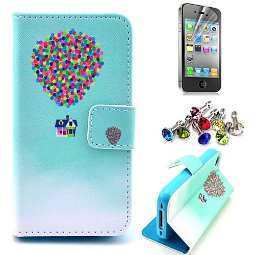 Colorful Flying Balloon and House Pattern PU Leather Case with Screen Protector and Dust Plug for iPhone 4/4S