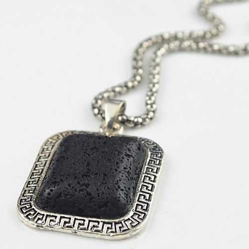 Toonykelly Vintage Look Antique Silver Black Lava Rock Volcano Oblong Stone Necklace(1 Pc)