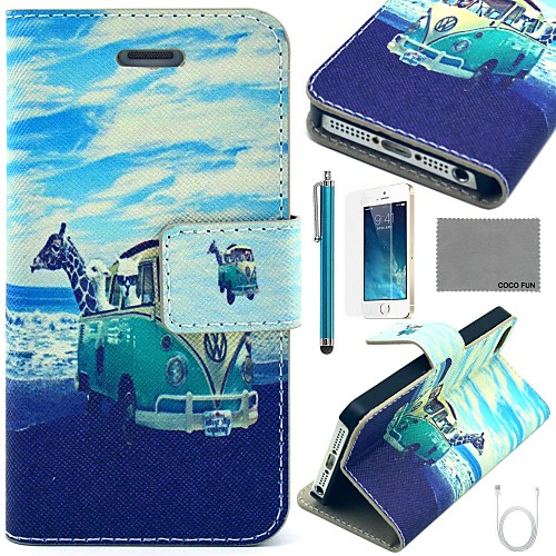 COCO FUN Animal Bus Pattern PU Leather Case with Screen Protector and USB Cable and Stylus for iPhone 5/5S