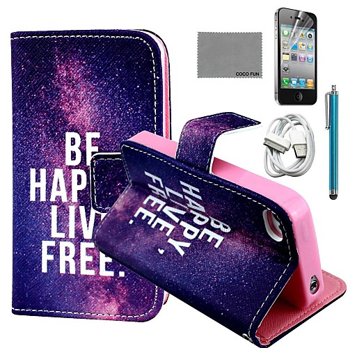 COCO FUN Free Life Pattern PU Leather Case with Screen Protector and USB Cable and Stylus for iPhone 4/4S