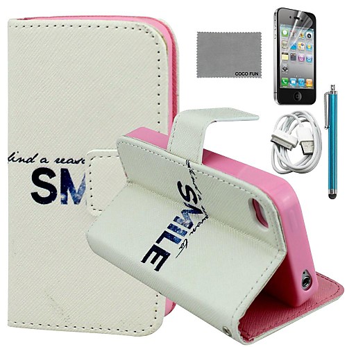 COCO FUN Bright Smile Pattern PU Leather Case with Screen Protector and USB Cable and Stylus for iPhone 4/4S