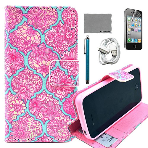 COCO FUN Red Flower Tattoo Pattern PU Leather Case with Screen Protector and USB Cable and Stylus for iPhone 4/4S