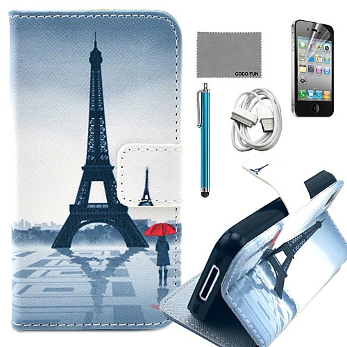 COCO FUN Red Umbrella Tower Pattern PU Leather Case with Screen Protector and USB Cable and Stylus for iPhone 4/4S