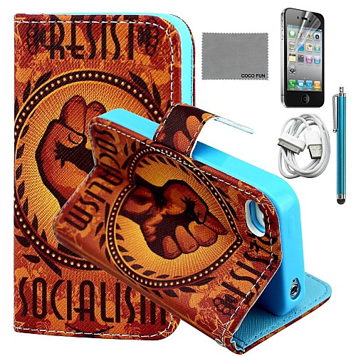 COCO FUN Orange Fist Pattern PU Leather Case with Screen Protector and USB Cable and Stylus for iPhone 4/4S