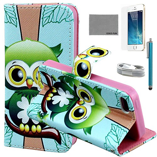 COCO FUN Green Owl Pattern PU Leather Case with Screen Protector and USB Cable and Stylus for iPhone 5/5S