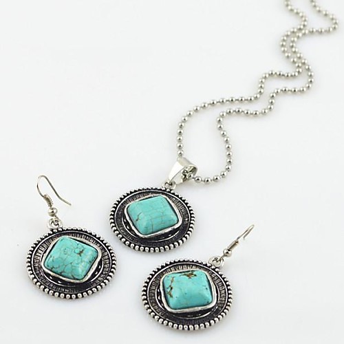 Toonykelly Vintage Antique Silver Turquoise Stone(Earring and Necklace) Jewelry Set