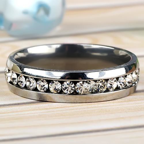 Single-Row Rhinestone Stainless Steel Ring Silver  (1Pc)