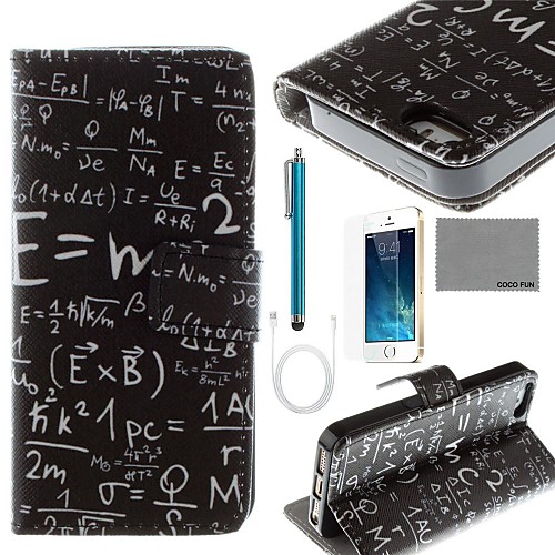 COCO FUN Maths Formula Pattern PU Leather Case with Screen Protector and USB Cable and Stylus for iPhone 5/5S