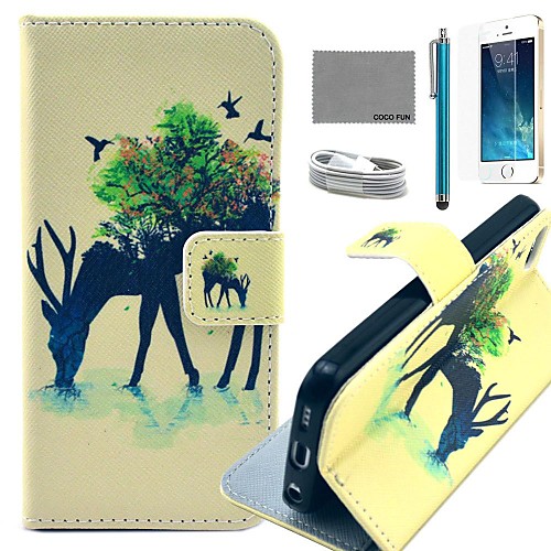 COCO FUN Forest Giraffe Pattern PU Leather Case with Screen Protector and USB Cable and Stylus for iPhone 5/5S