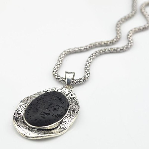 Toonykelly Vintage Look Antique Silver Black Lava Rock Volcano Turquoise Stone Necklace(1 Pc)