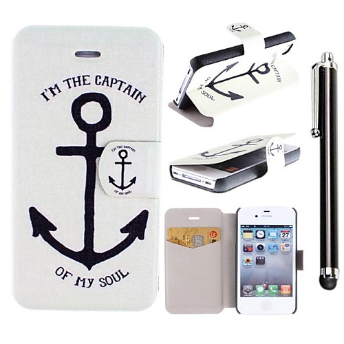 Simple Anchor Pattern PU Leather Full Body Case with Stand and A Stylus Touch Pen for iPhone 4/4S