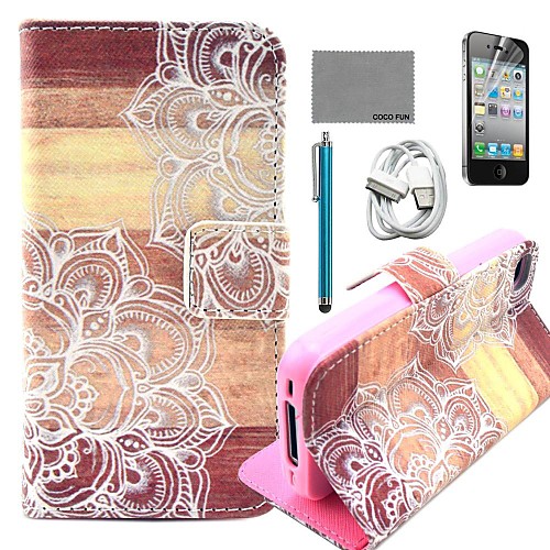 COCO FUN Wooden Flower Pattern PU Leather Case with Screen Protector and USB Cable and Stylus for iPhone 4/4S