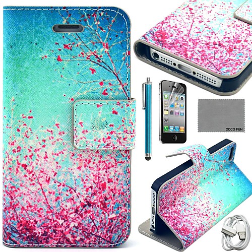 COCO FUN Sky Red Floral Pattern PU Leather Case with Screen Protector and USB Cable and Stylus for iPhone 4/4S