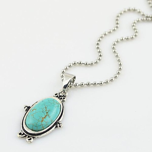 Toonykelly Vintage Look Antique Silver Plated Oval Turquoise Stone Necklace(1 Pc)