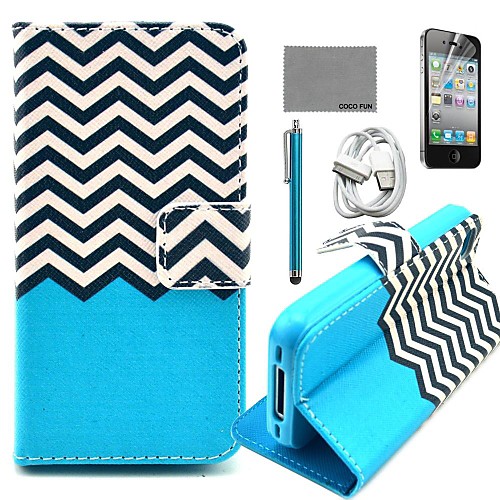 COCO FUN Black White Wave Pattern PU Leather Case with Screen Protector and USB Cable and Stylus for iPhone 4/4S